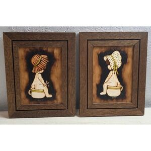 Vintage 70s Potty Time Wood Wall Art Plaque Pair Signed Folk Art Signed B Carter